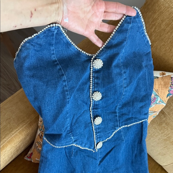 Denim Jumpsuit with Rhinestone Trim - Picture 6 of 9